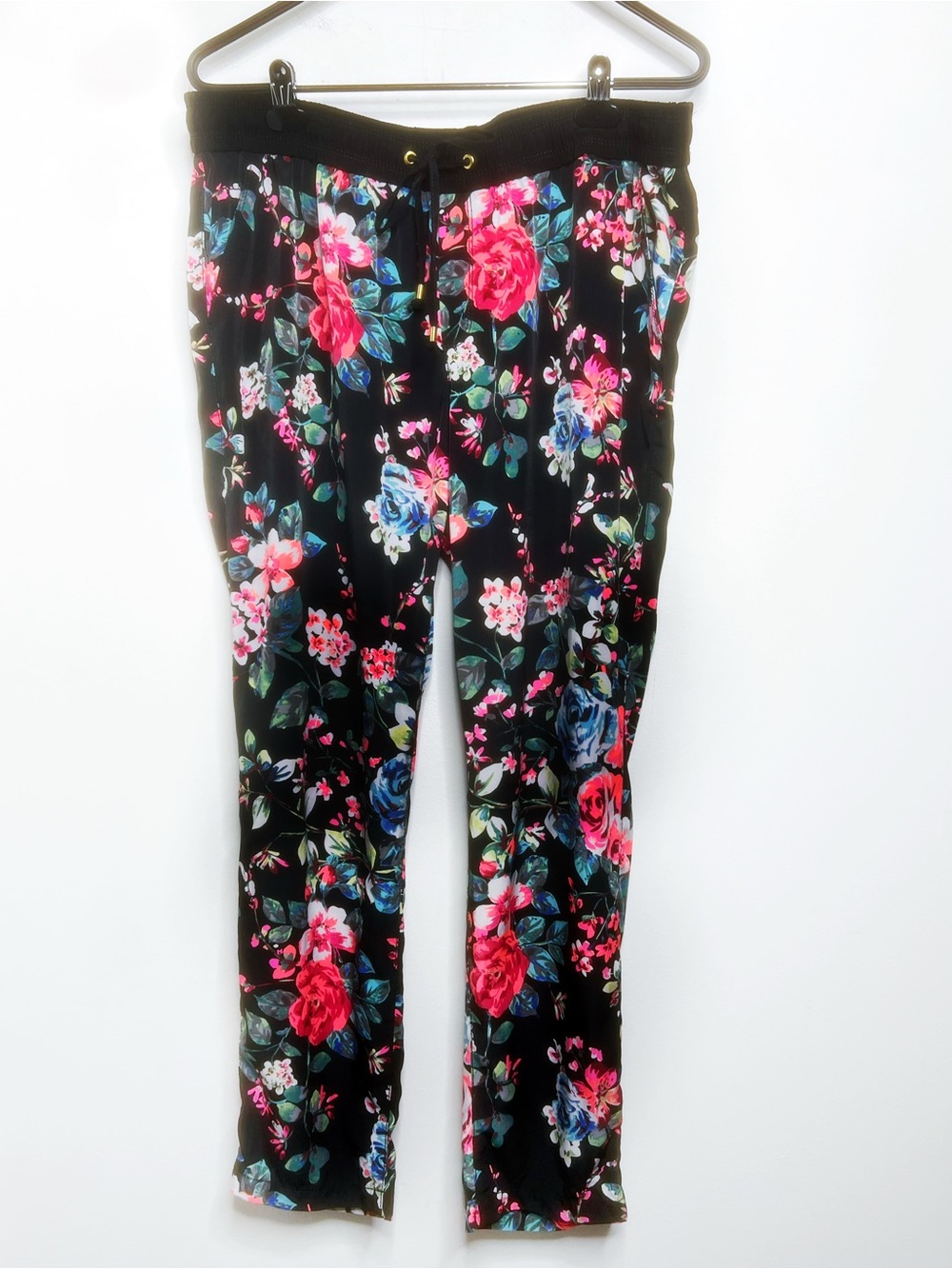 Express Bright Floral Print Black Jogger Pants, Drawstring Waist Size L